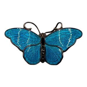 925 Norway Sterling Silver Blue Guilloche Enamel Butterfly Brooch